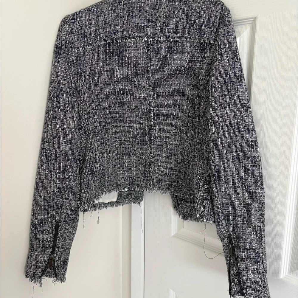 Banana Republic Navy and White Tweed Fringe Zip Jacket - Picture 2 of 11